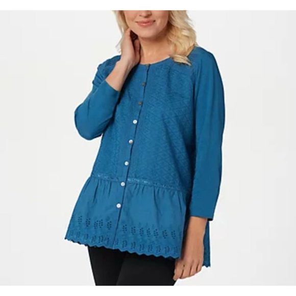 LOGO Lavish Button-Front Top Sz 3X Knit Sleeves